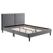 Liora Bed Frame -Grey Velvet Upholstered Bed with Square Headboard