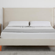 Rafiel Modern Bed Frame – Soft Oatmeal Fabric & Solid Wood Design